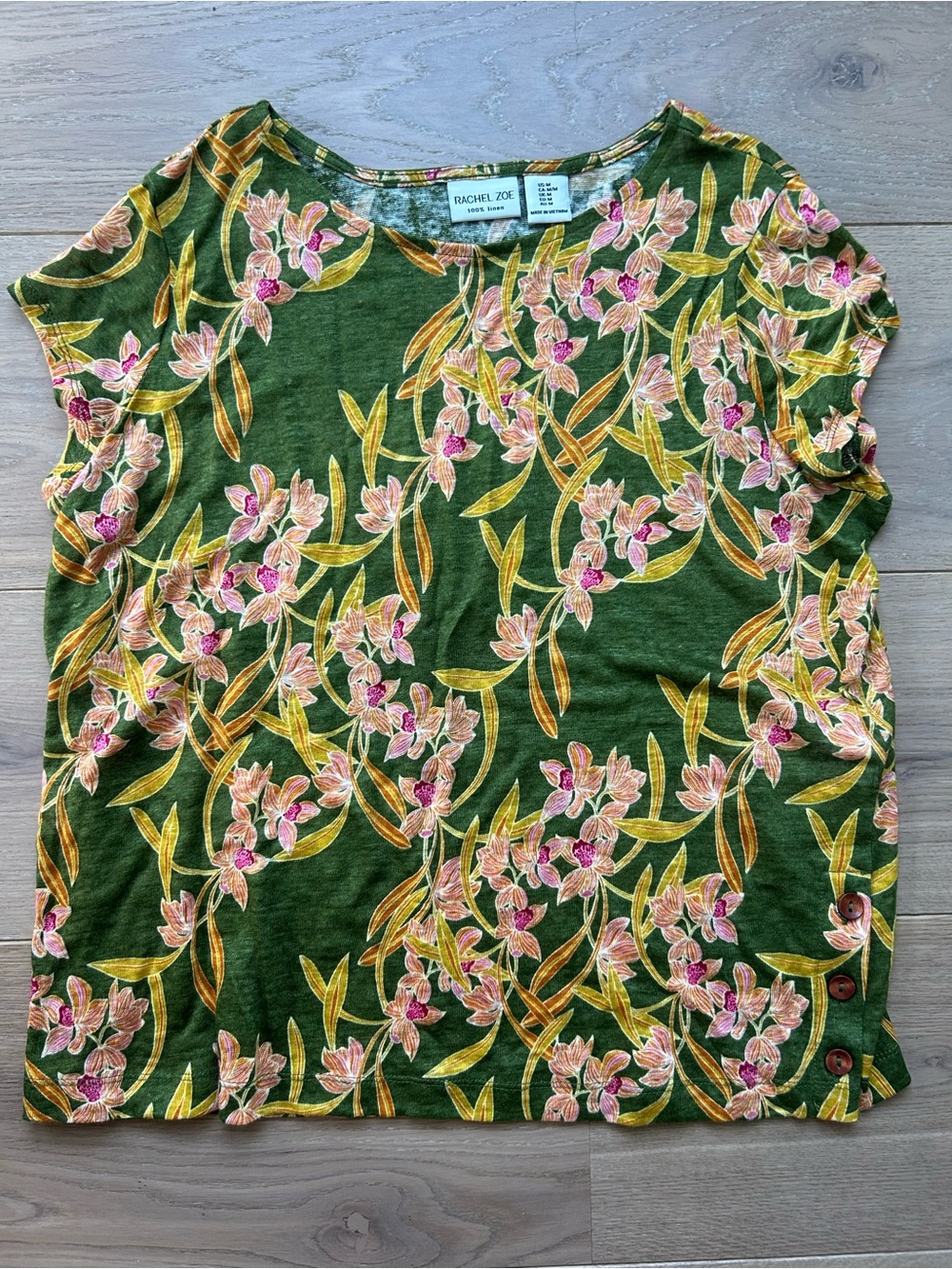 Rachel Zoe Linen Short Sleeve Top Green Floral Size Medium